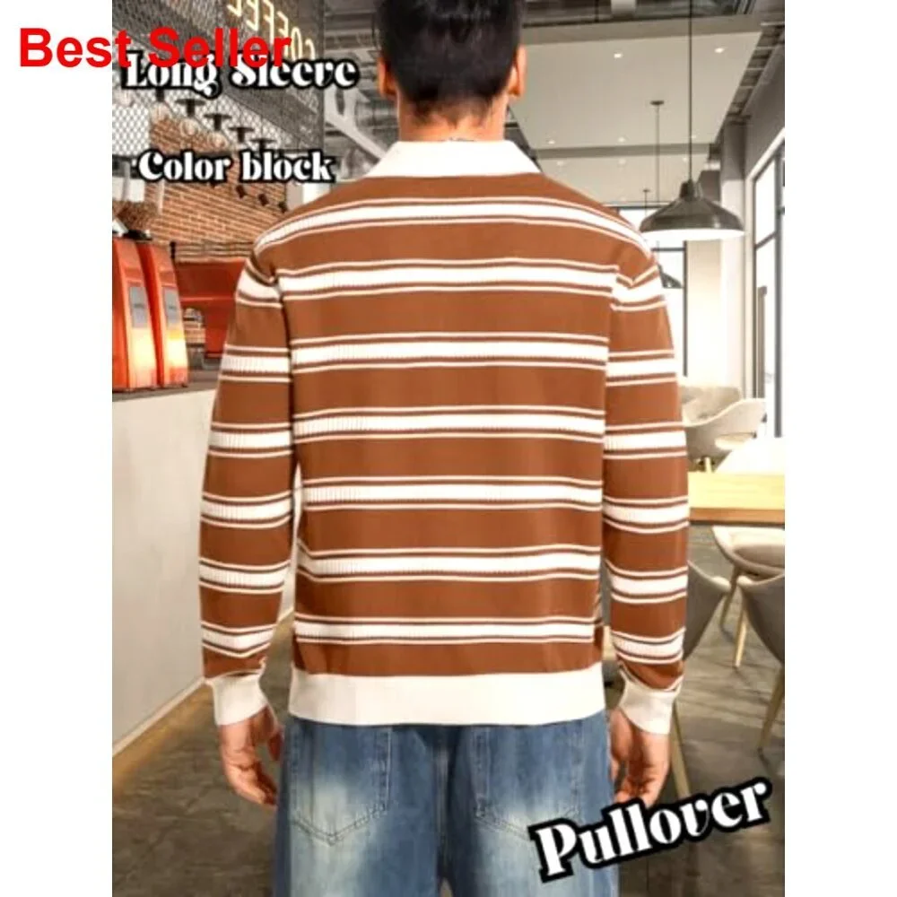 Men's Striped Long Sleeve Polo Sweater, Lightweight Knit Pullover